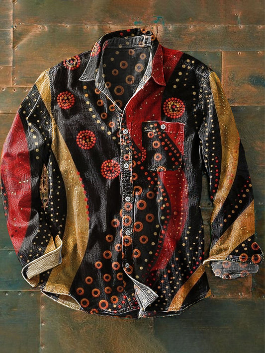 Chemise unisexe à manches longues à revers en coton imprimé Art Line Vintage
