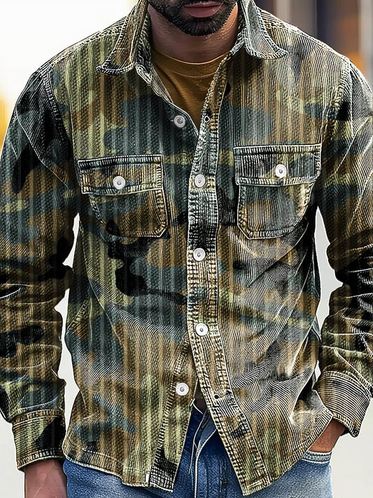 Chemise à revers en velours côtelé vintage camouflage abstrait africain