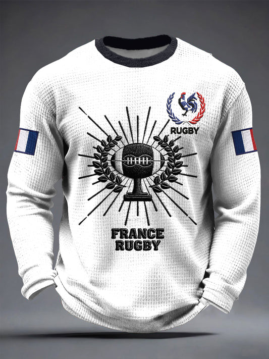 Français Rugby Coq Imprimer Blanc Casual Retro T-shirt à manches longues pour hommes