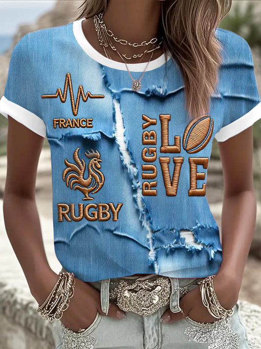 T-shirt décontracté à imprimé denim brodé inspiré du rugby pour femme