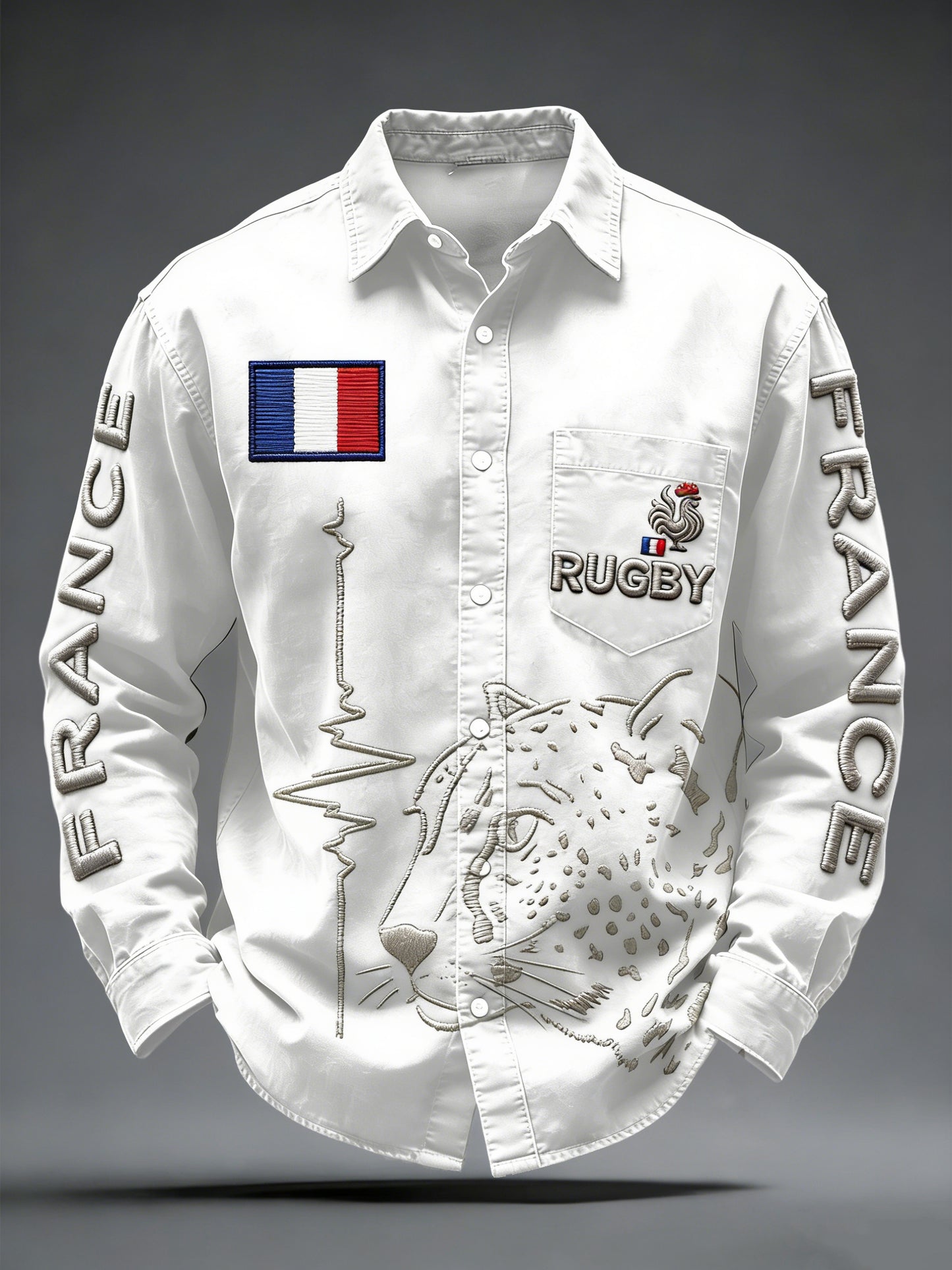 Chemise blanche décontractée à manches longues pour homme French Rugby 3D-Printed
