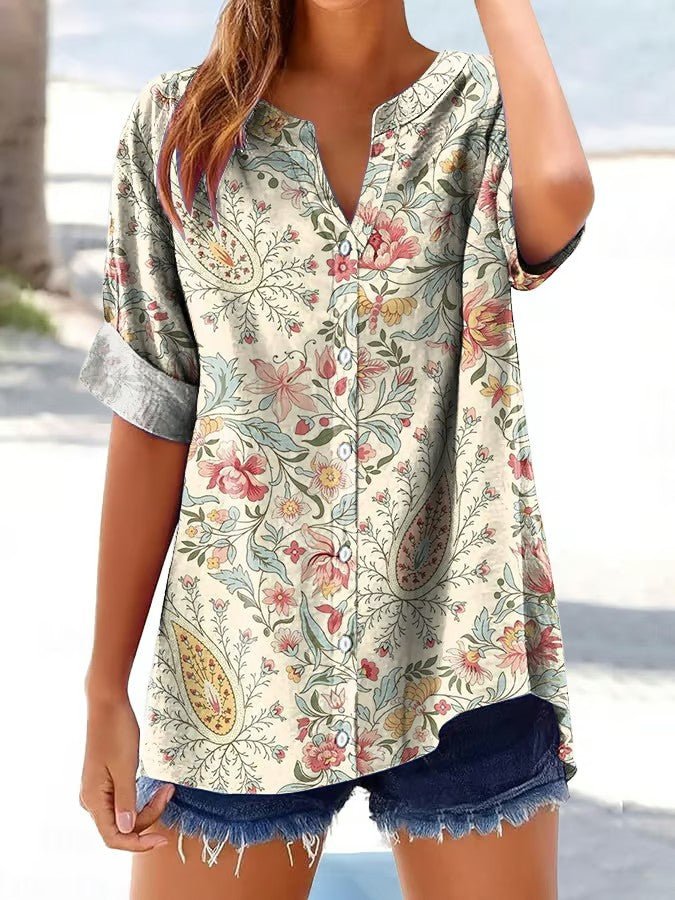 Chemise Femme Retro Floral Print Button-Down