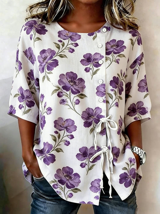 Chemise florale à boutons en mélange de lin pour femme