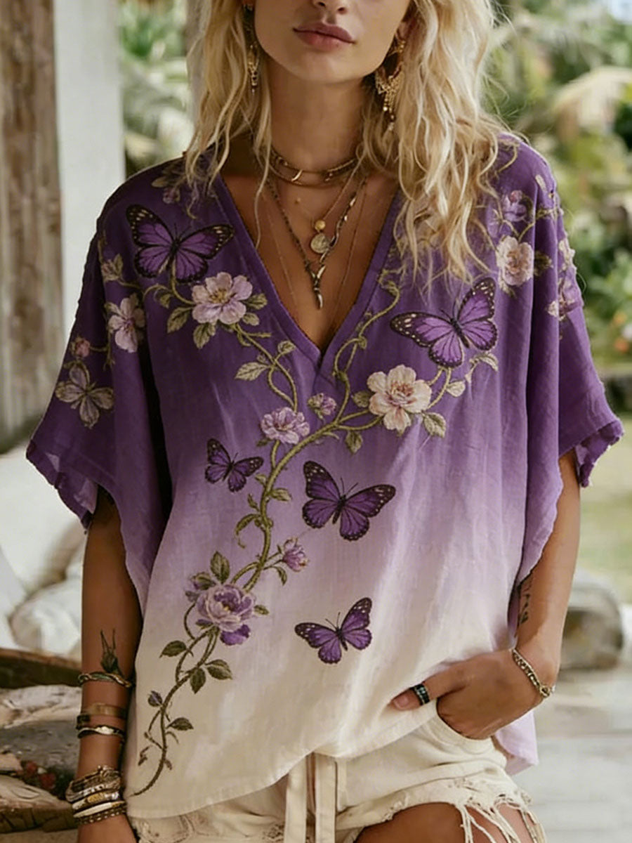 T-shirt décontracté pour femme avec impression artistique florale