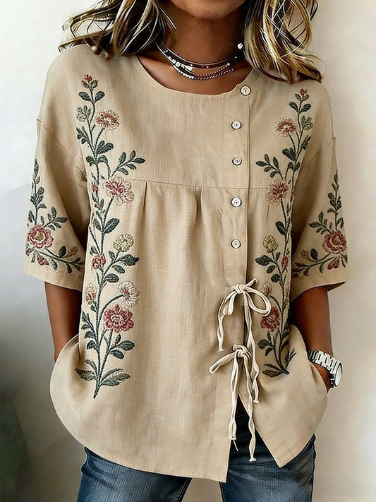 Chemise Femme Boutonnée Fleurs Et Plantes En Mélange De Lin