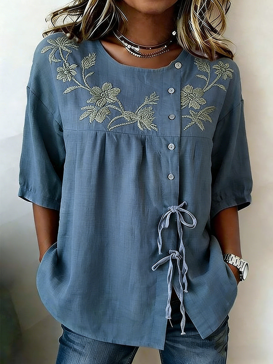Chemise Femme Boutonnée Fleurs Et Plantes En Mélange De Lin