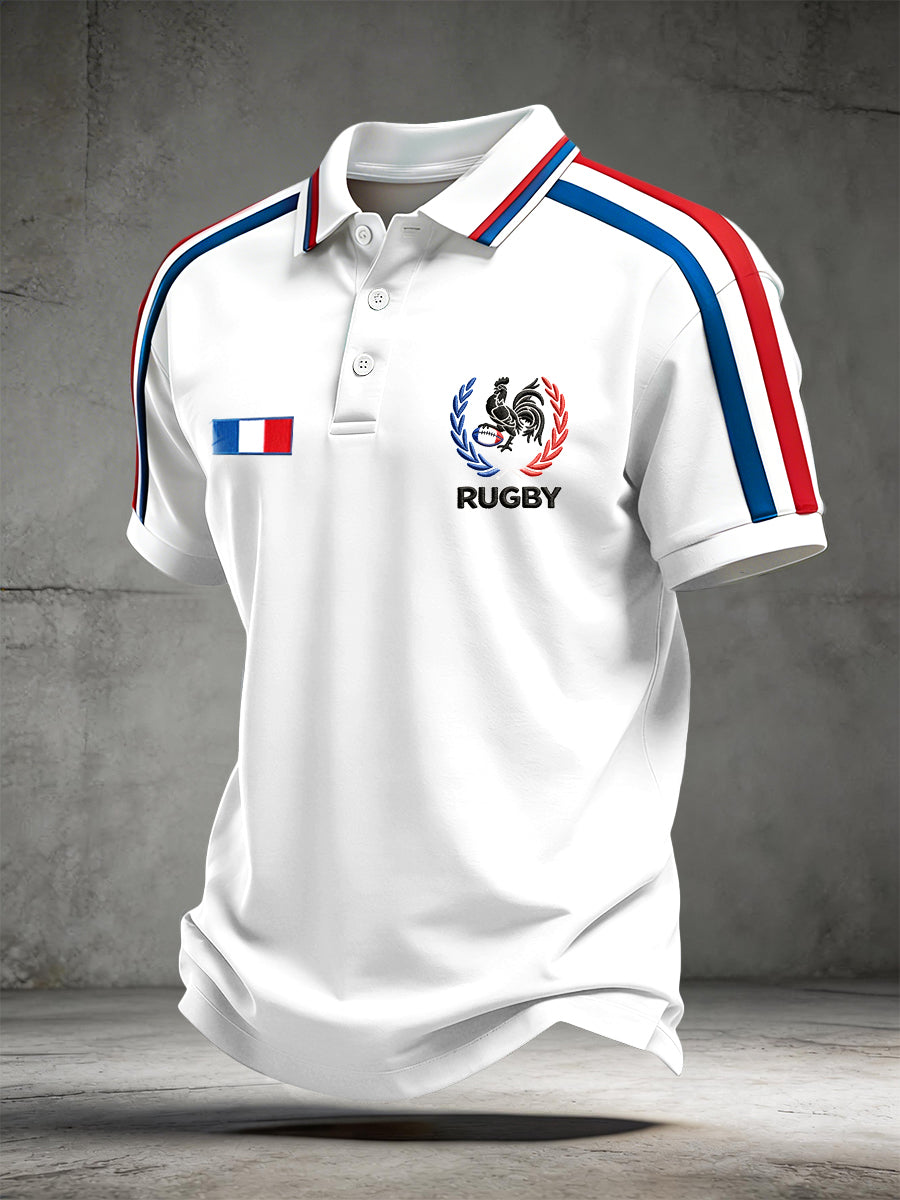 Polo décontracté à manches courtes pour homme, blanc, avec imprimé rugby français