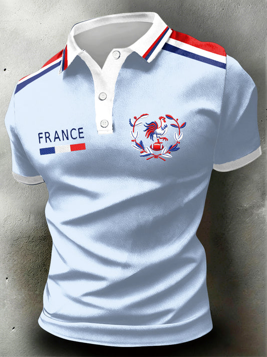 Polo décontracté à imprimé de rugby coq français pour hommes