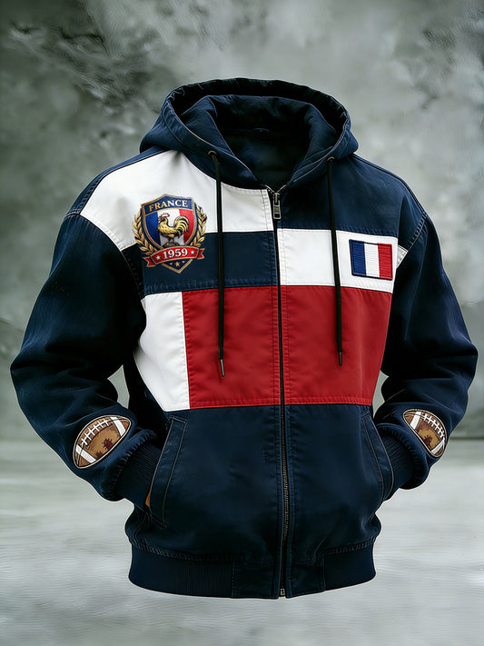 Sweat à capuche zippé confortable au motif rétro de rugby français