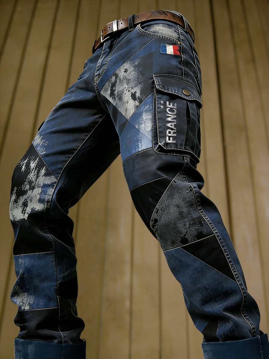 Pantalon de travail décontracté à imprimé patchwork vintage français bleu profond pour hommes