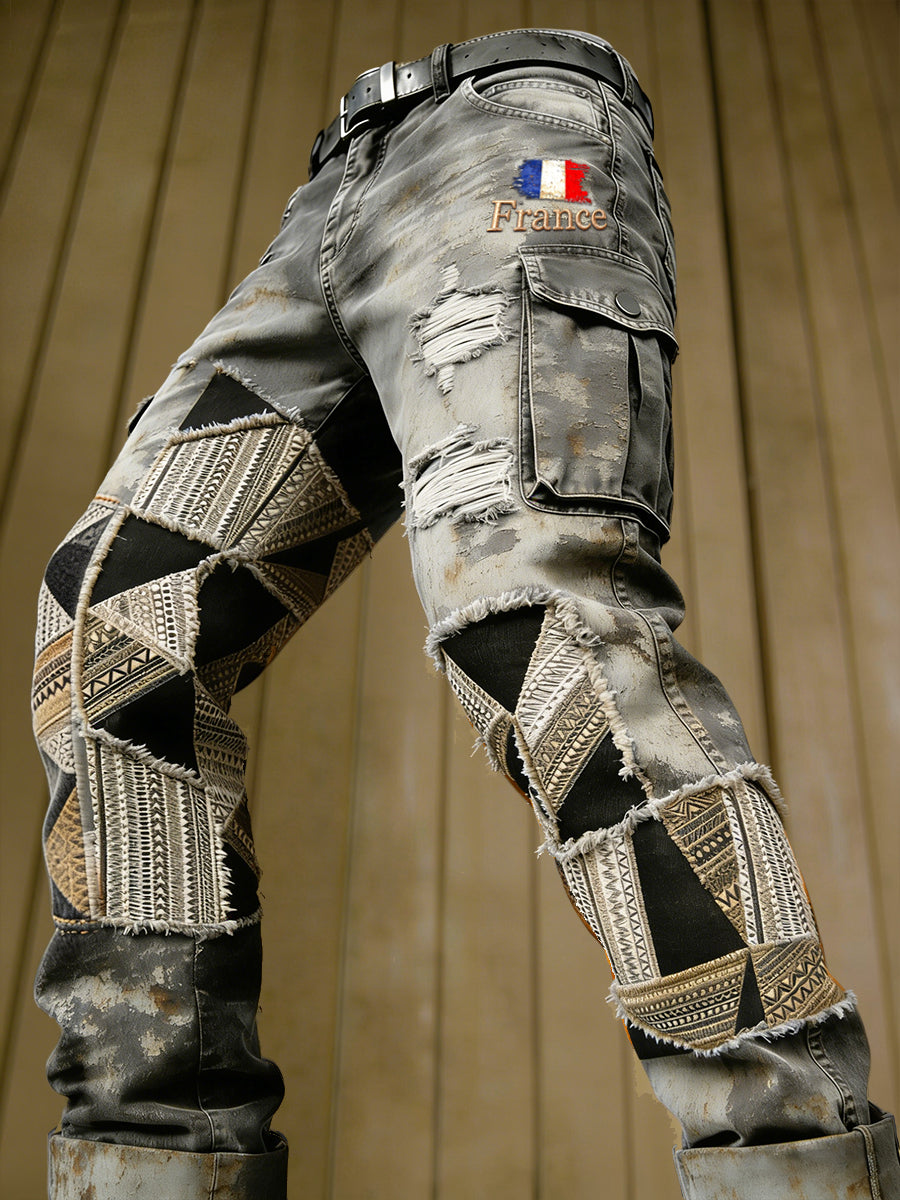 Pantalon de travail décontracté à imprimé imprimé en détresse Patchwork Vintage pour hommes, drapeau français