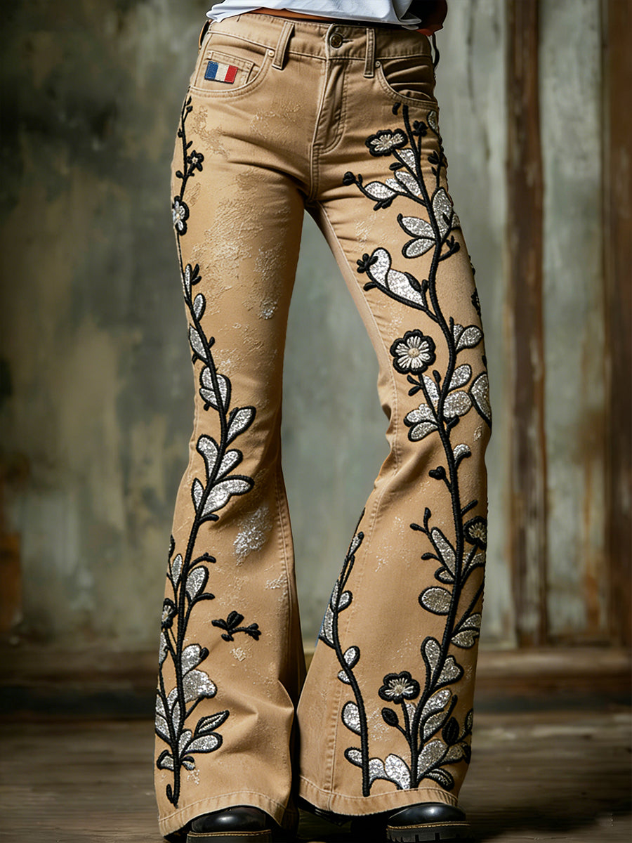 Kaki Français Vintage Floral 3D-imprimé à la mode évasé des femmes Pantalon