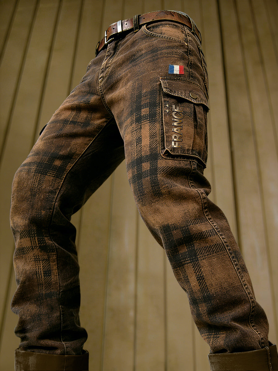 Pantalon de travail décontracté à carreaux français vintage pour hommes, style occidental