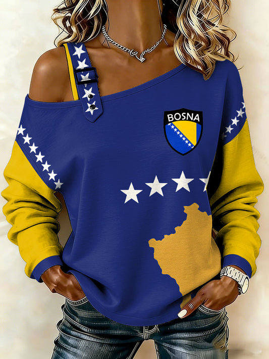 Sweat-shirt décontracté à épaules dénudées imprimé Bosnia Football Lover ZMAJEVI Femme