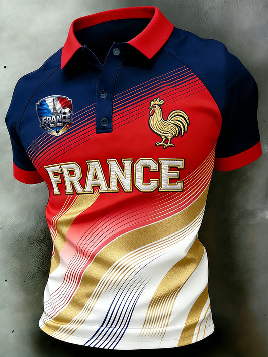 Polo manches raglan pour hommes à imprimé brodé sur le thème du football