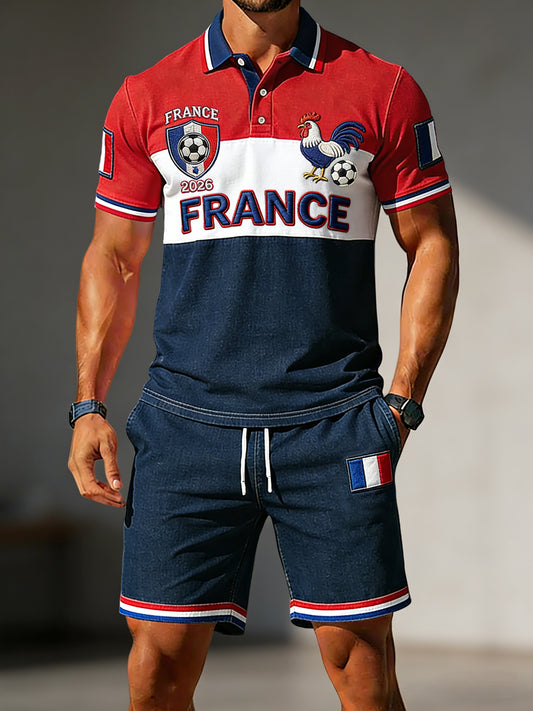 Ensemble décontracté polo et shorts en patchwork football rétro français 2026