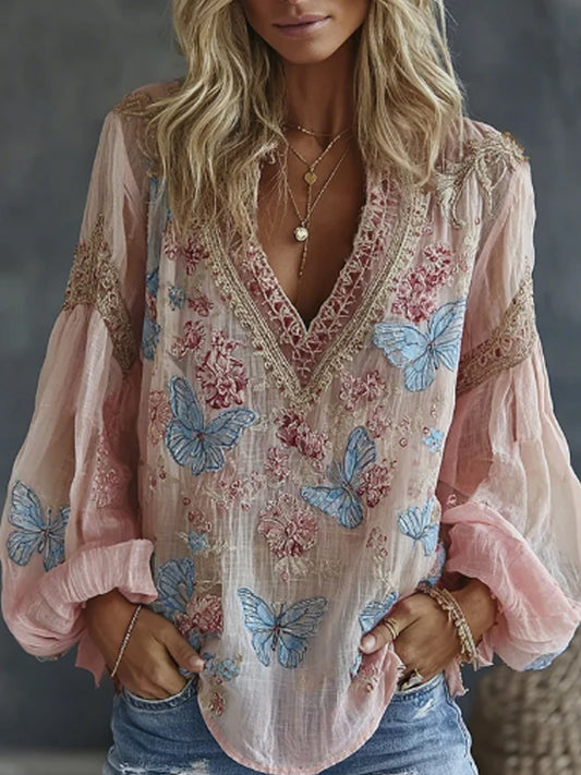 Hauts décontractés fluide en mélange de lin, imprimé artistique brodé de fleurs et de papillons, style vintage pour femme