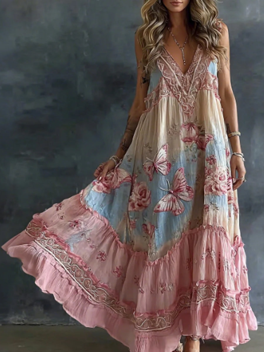 Floral et papillon Art Print Flowy lin Blend Casual Maxi Dress des femmes sans manches