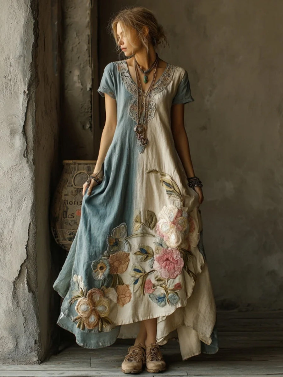Retro Floral Colorblock Robe à manches courtes pour femmes