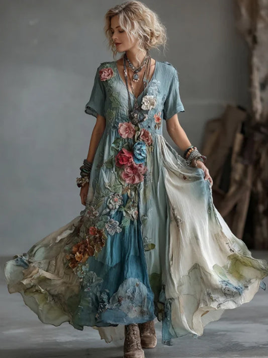 Femmes Vintage Gradient Blossoms brodé coton et lin Maxi Dress