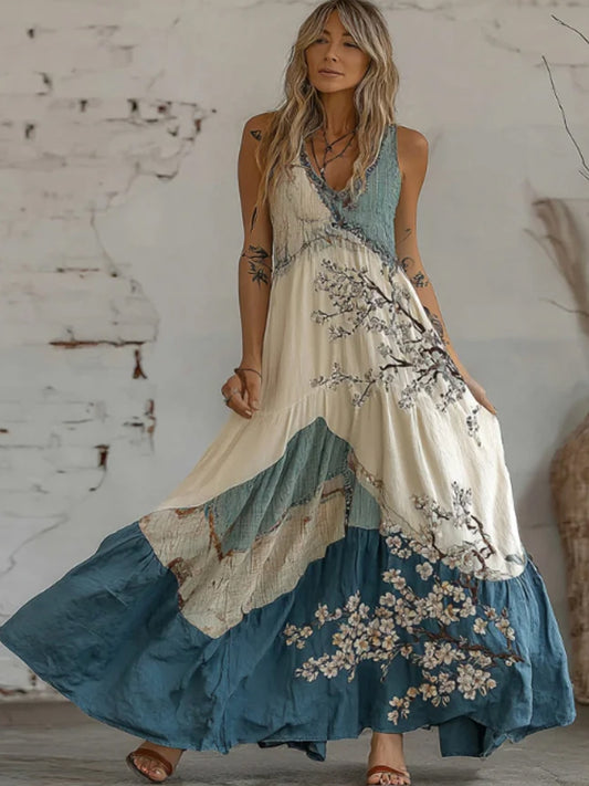 Maxi Robe en lin pour femmes en fleurs de cerisier