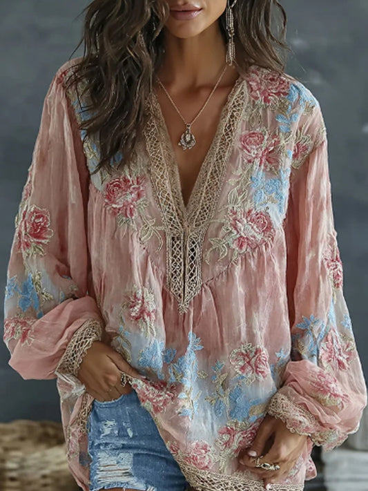Femmes Vintage Floral et papillon brodé Art Print Flowy mélange de lin Casual Tops