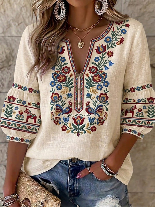 Chemisier Femme Retro Swedish Midsummer Folk Floral Coton-Lin