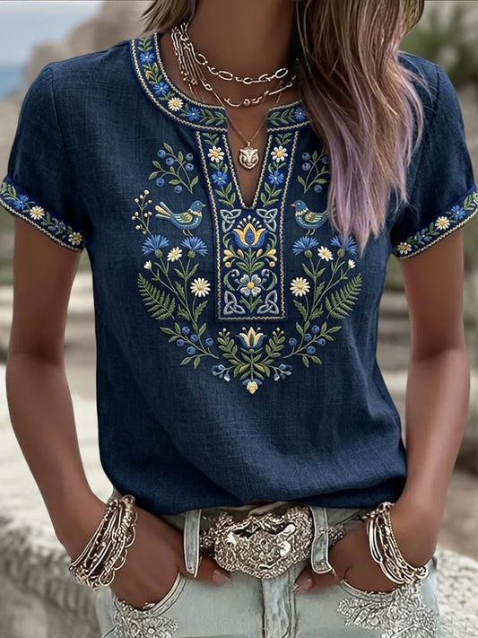 Femmes Retro Art Swedish Midsummer Ethnique Floral V-Neck T-Shirt