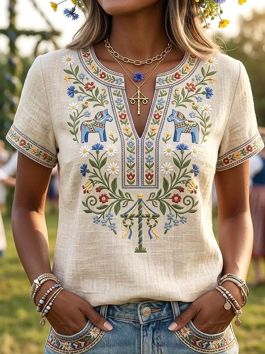 Retro Swedish Midsummer Floral Casual V-Neck T-Shirt des femmes