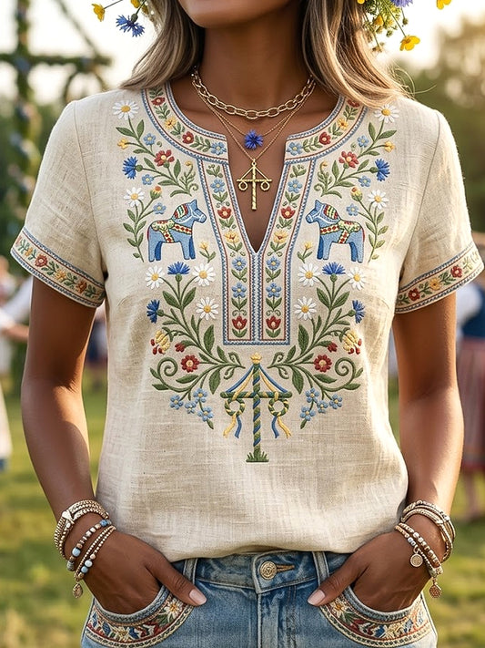 Retro Swedish Midsummer Floral Casual V-Neck T-Shirt des femmes