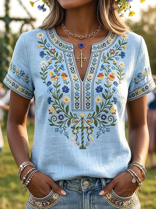 Rétro Art Swedish Midsummer Pole Flower V-Neck T-Shirt Femme