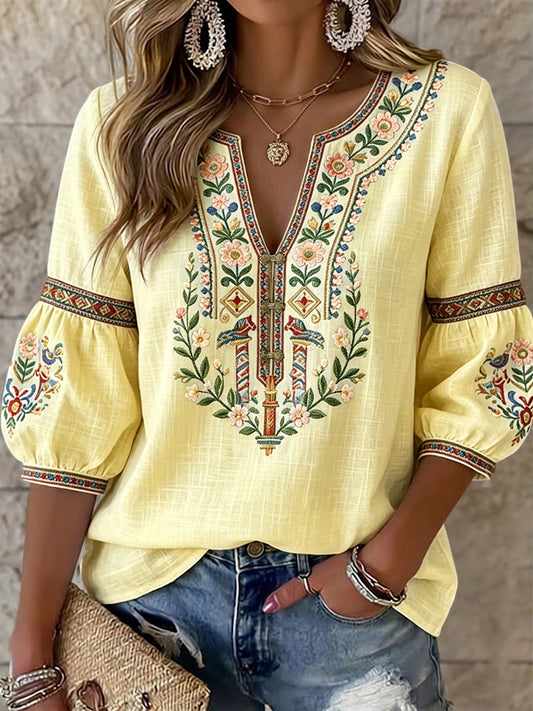 Rétro Swedish Midsummer Floral Art symétrique V-Neck Blouse des femmes