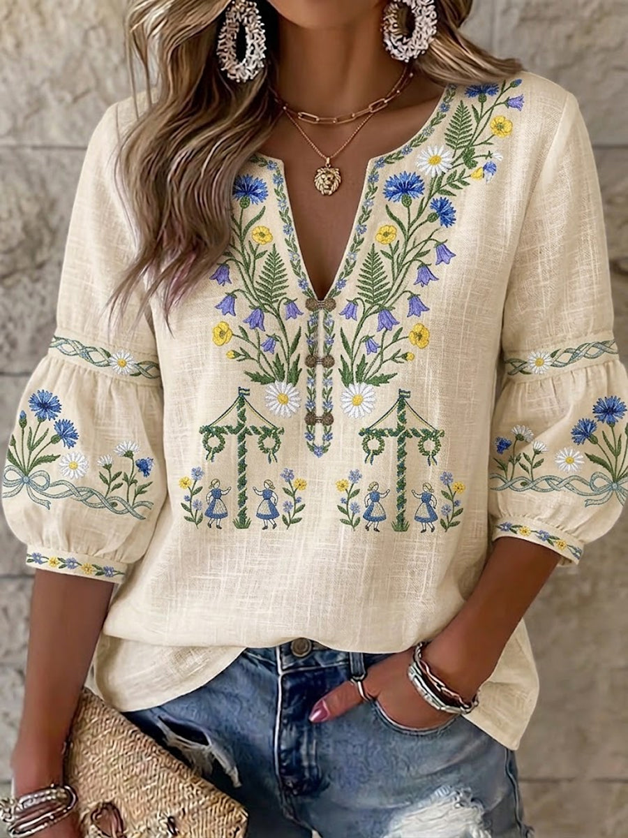 Blouse Femme Vintage En Coton-Lin Imprimé Floral Swedish Midsummer