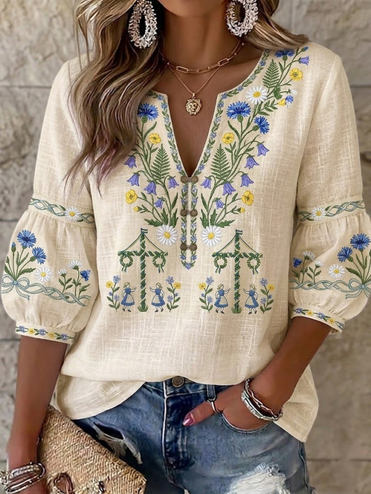 Blouse Femme Vintage En Coton-Lin Imprimé Floral Swedish Midsummer
