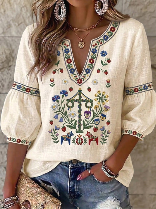 Swedish Midsummer Artistique Floral Print Casual V-Neck T-Shirt des femmes