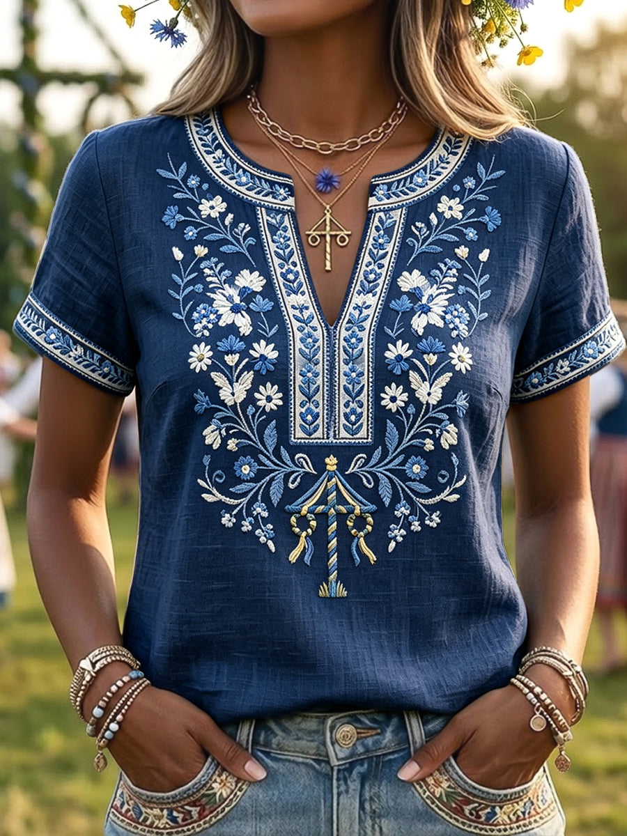 Rétro Swedish Midsummer Floral Art V-Neck T-Shirt Femme