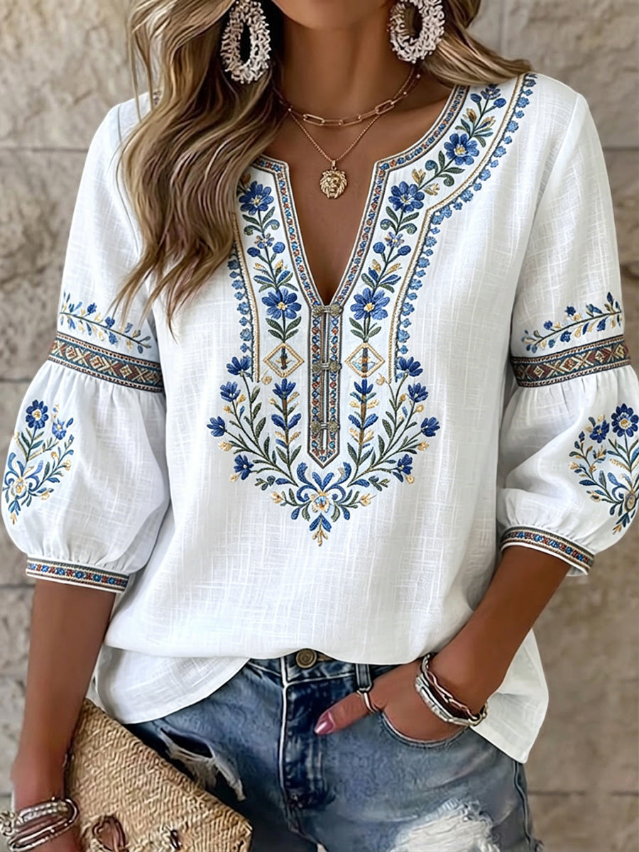 Femmes Vintage Swedish Midsummer Floral Art V-Neck Top