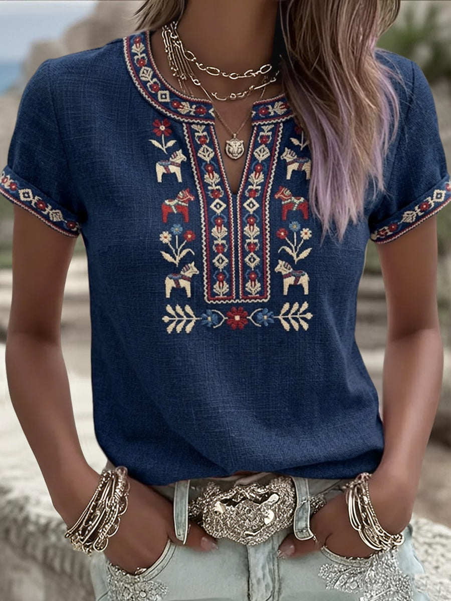 Retro Swedish Midsummer Floral Patchwork T-shirt décontracté pour femmes
