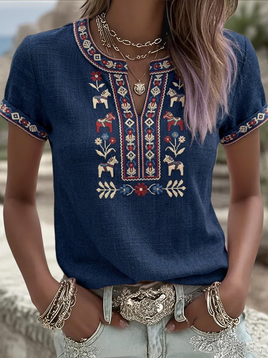 Retro Swedish Midsummer Floral Patchwork T-shirt décontracté pour femmes
