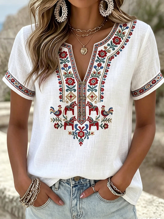 T-shirt à col en V symétrique à fleurs Suédois de style vintage pour femme