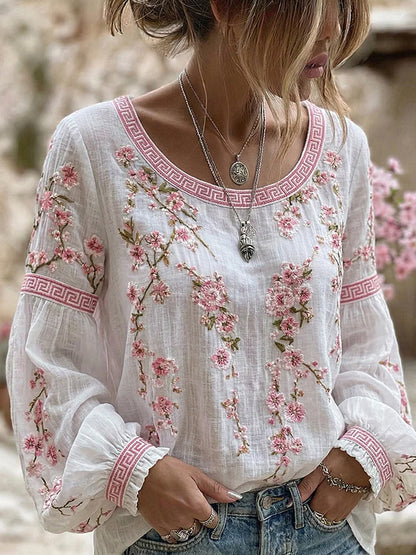 Haut décontracté pour femme, style vintage, en coton et lin, avec broderie florale et patchwork imprimé