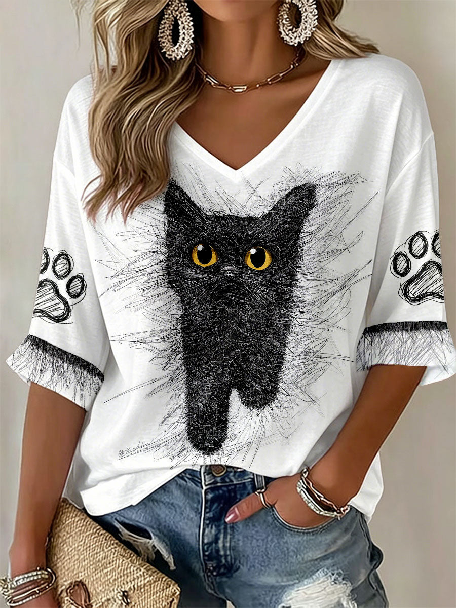 T-Shirts à Col en V Cat Art pour femmes