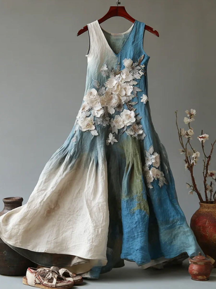 Robe décontractée sans manches en lin, style vintage japonais, motif floral dégradé, pour femme