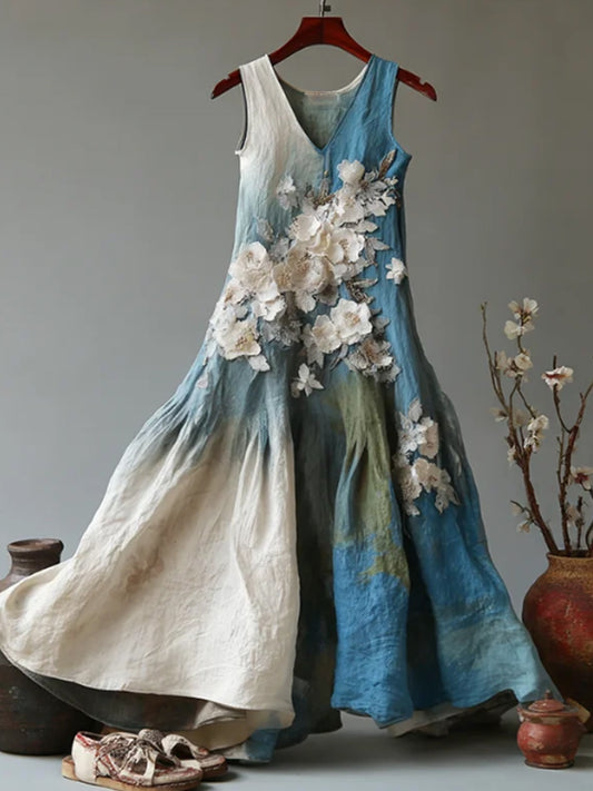 Robe décontractée sans manches en lin, style vintage japonais, motif floral dégradé, pour femme