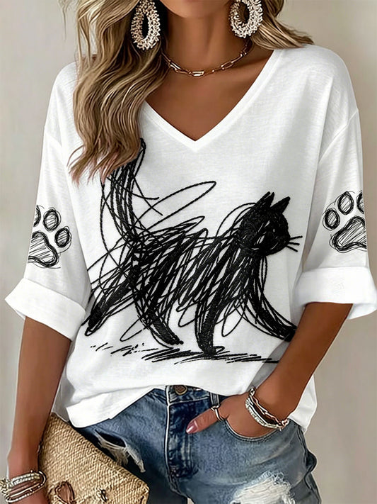 T-shirts à col en V avec impression d'art félin pour femmes
