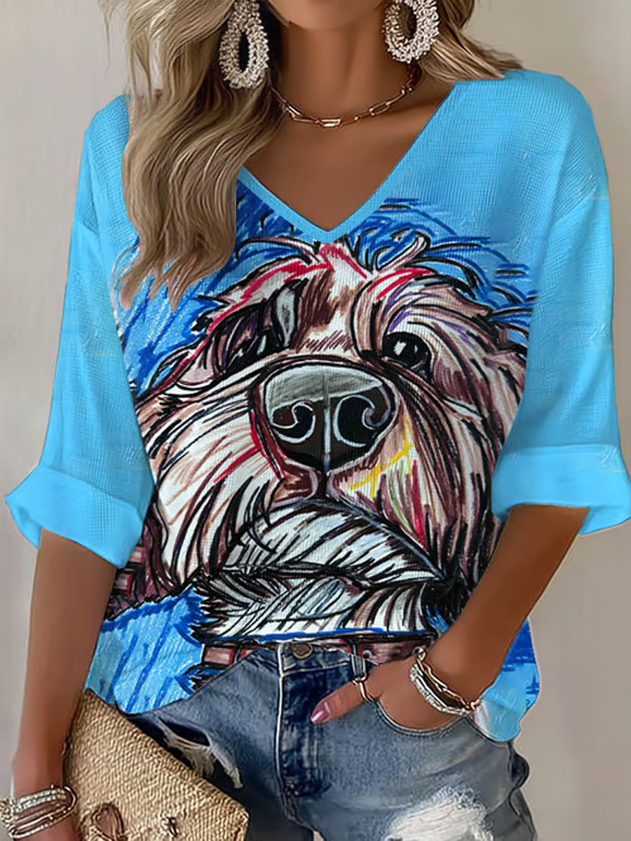 T-shirt en gaufre imprimé d'art canin pour femmes
