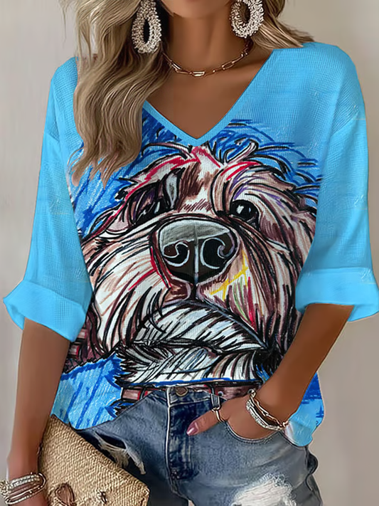 T-shirt en gaufre imprimé d'art canin pour femmes