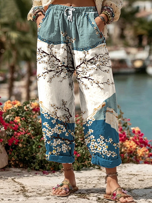 Pantalon décontracté en mélange de lin floral pour femmes