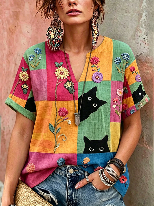 Polo décontracté à imprimé floral rétro pour femmes