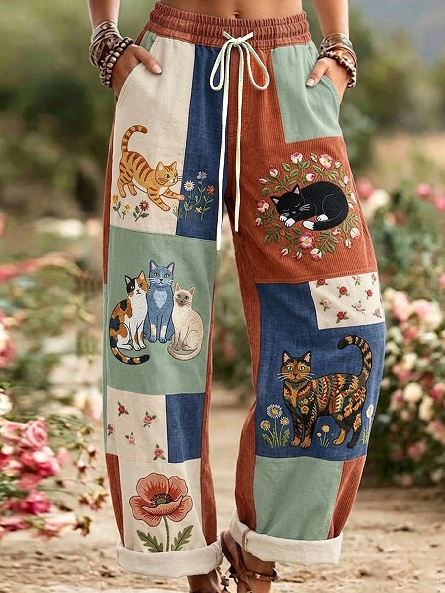 Pantalon décontracté rétro à imprimé floral et motifs chats pour femmes